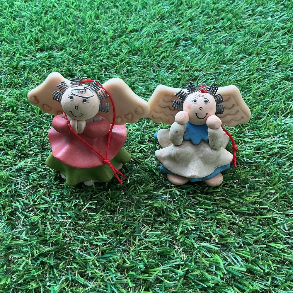 Transfar Clay Art Angel Christmas Ornaments Wire Hair Wings Lot of 2